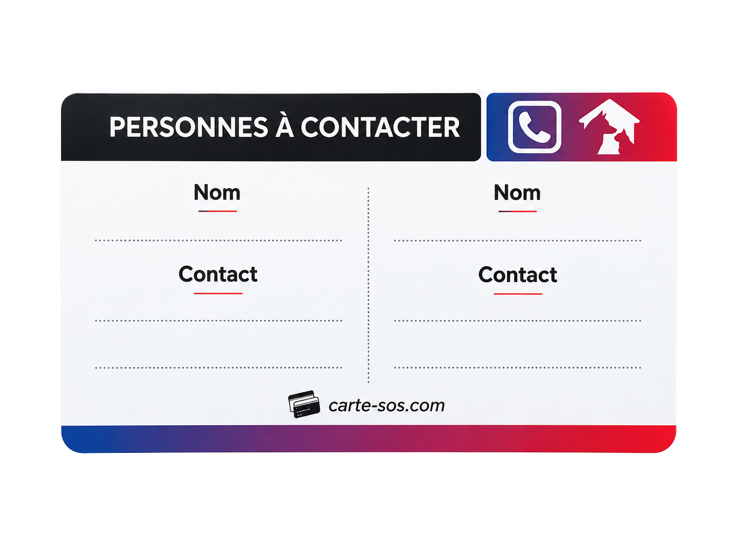 Verso de la Carte SOS animaux avec deux personnes à contacter