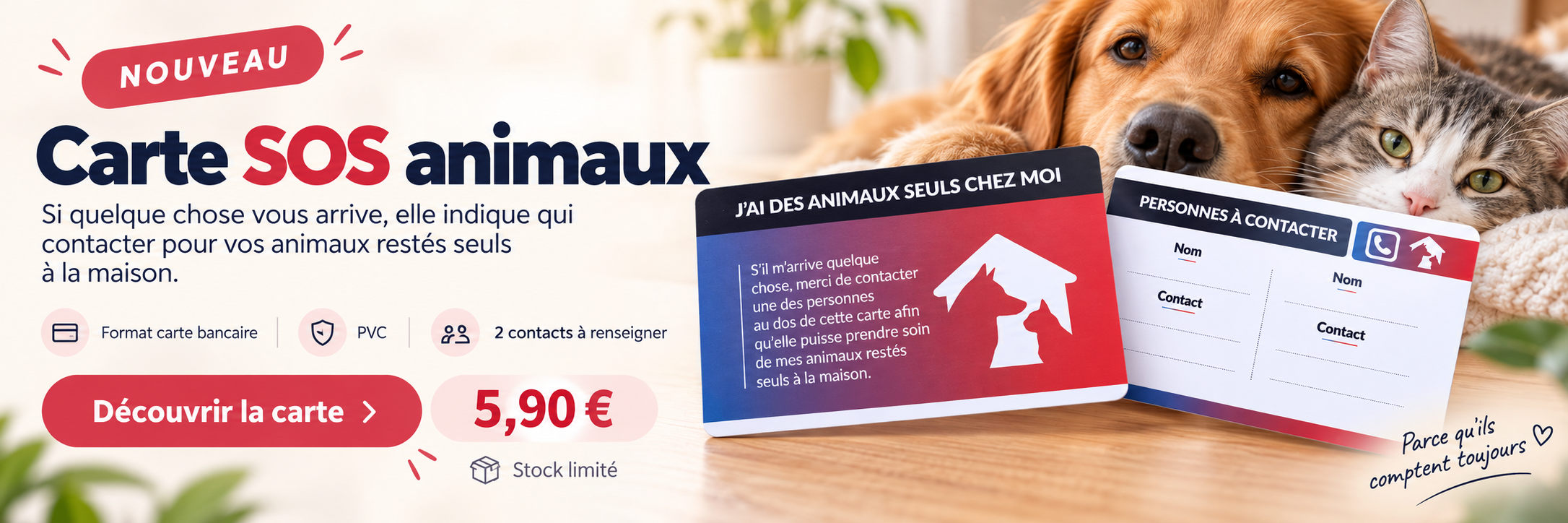 Carte SOS animaux — prévenir qu’un animal est seul chez vous — 5,90 €